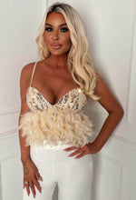 Dreamy Champagne Sequin Feather Trim Top