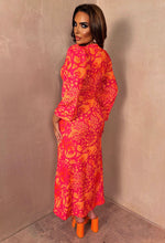 Fierce Glamour Coral Printed Knot Front Long Sleeve Midi Dress