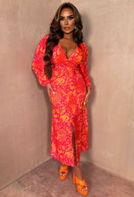 Fierce Glamour Coral Printed Knot Front Long Sleeve Midi Dress