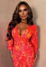 Fierce Glamour Coral Printed Knot Front Long Sleeve Midi Dress