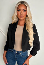 Iconic Black Shawl Neck Ruched Sleeve Cropped Blazer