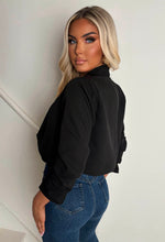 Iconic Black Shawl Neck Ruched Sleeve Cropped Blazer