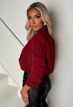 Iconic Cherry Red Shawl Neck Ruched Sleeve Cropped Blazer