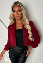 Iconic Cherry Red Shawl Neck Ruched Sleeve Cropped Blazer