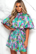 Tipsy Tea Party Green High Neck Floral Mini Dress