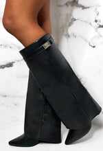 Keep It A Secret Black Faux Leather Fold Over Knee High Shark Boots