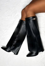 Keep It A Secret Black Faux Leather Fold Over Knee High Shark Boots