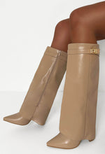 Keep It A Secret Nude Faux Leather Fold Over Knee High Shark Boots