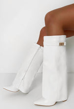 Keep It A Secret White Faux Leather Fold Over Knee High Shark Boots