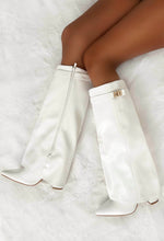 Keep It A Secret White Faux Leather Fold Over Knee High Shark Boots