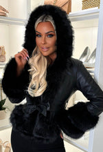 Luxury Escape Black Faux Leather Hooded Skater Belted Coat