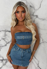 Miley Mid Blue Denim Co-Ord Skirt & Bandeau Top Set