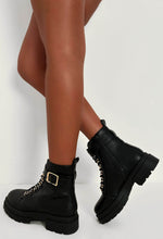 Never Settle Black Gold Buckle Biker Boots