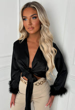 Only The Finest Black Feather Trim Satin Top