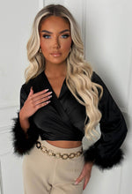 Only The Finest Black Feather Trim Satin Top