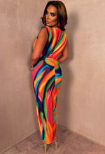 Rainbow Chic Multi Printed Stretch Sleeveless Plunge Ruched Midi Dress