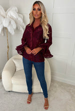 Romantic Energy Burgundy Lace Flared Sleeve Blouse