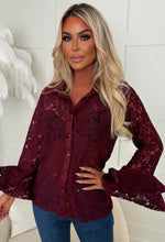 Romantic Energy Burgundy Lace Flared Sleeve Blouse