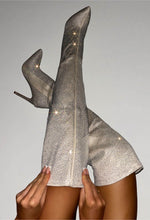 Shes Fiery Cream Silver Diamante Knee High Boots