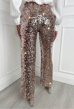 Shimmering Chic Rose Gold Stretch Sequin Flared Trousers