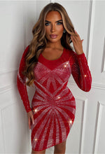 Sparkle Illusion Red Diamante Long Sleeve Dress