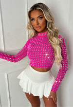 Starlit Hot Pink Diamond Gem Sheer Mesh Long Sleeve Top