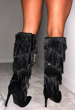 Steal The Spotlight Black Embellished Tassel Knee High Boots