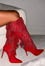 Steal The Spotlight Red Embellished Tassel Knee Length Boots