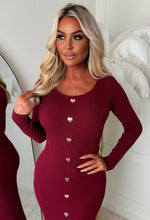 Take My Heart Burgundy Gold Heart Button Long Sleeve Knitted Midi Dress