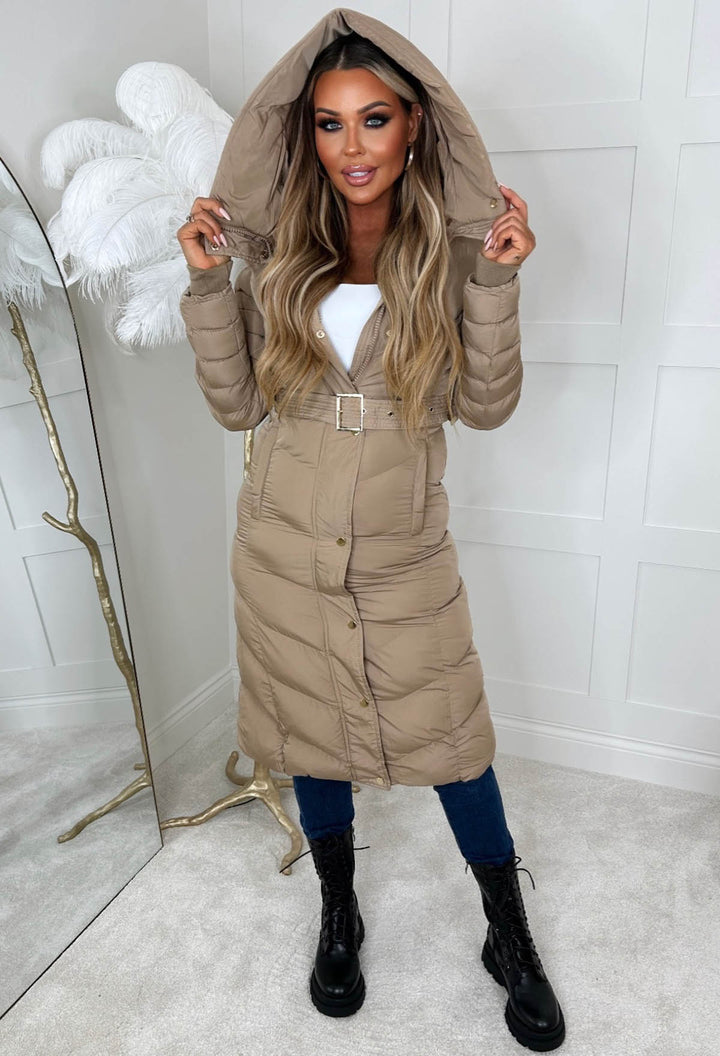 Knee length puffer coat with fur trimmed hood on sale