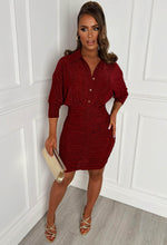 Victory Red Ruched Side Lurex Long Sleeve Shirt Dress