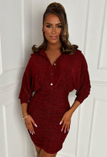 Victory Red Ruched Side Lurex Long Sleeve Shirt Dress