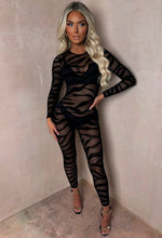 Way Too Wild Black Zebra Print Flock Mesh Long Sleeve Jumpsuit