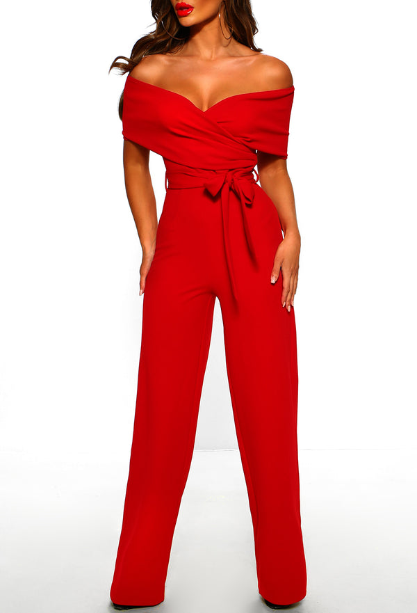 Utterly Perfect Red Off Shoulder Ruched Jumpsuit – Pink Boutique UK